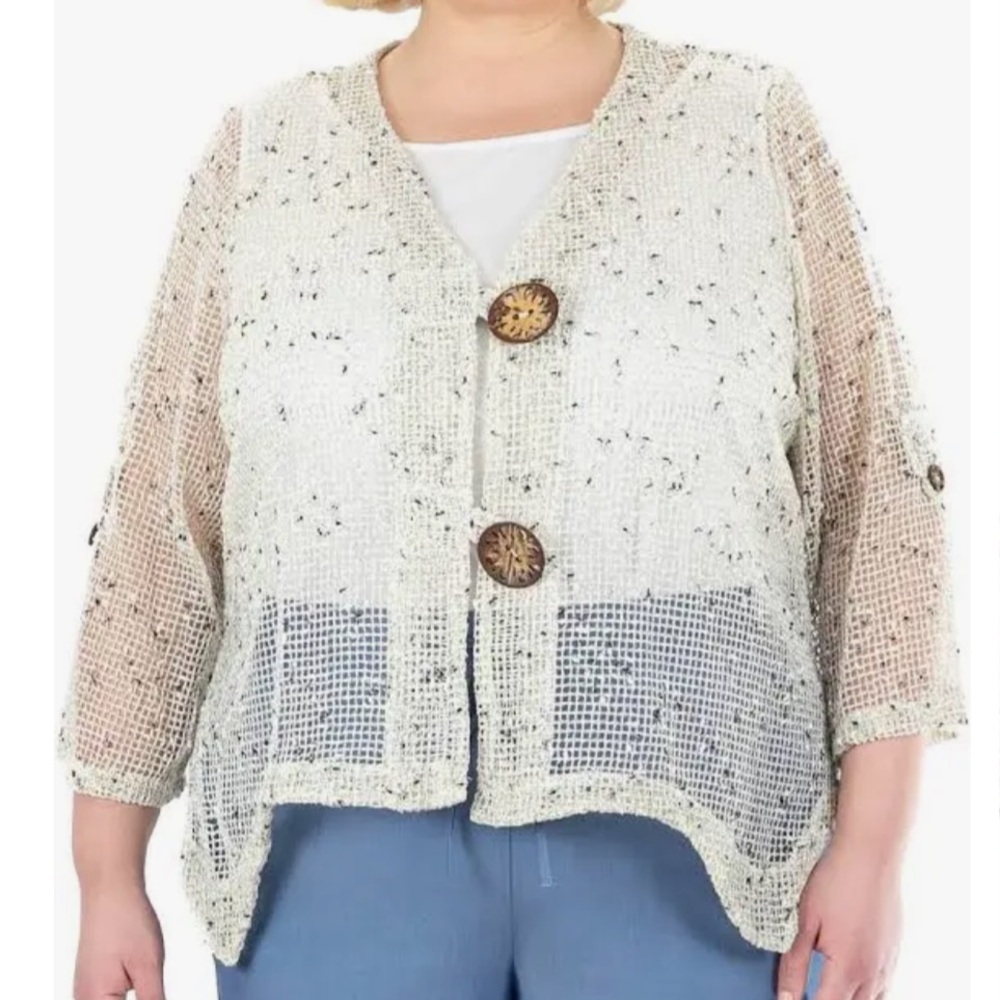 Nina Leonard Women’s Plus Beige Coconut Mesh V-Neck Two Button Cardigan